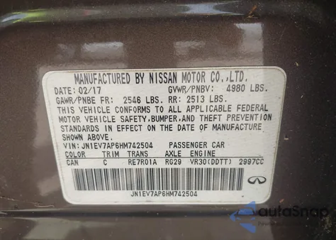 2017 Infiniti Q50 3.0T Premium from USA, damaged, VIN JN1EV7AP6HM742504